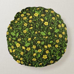 Buttercups on black round pillow