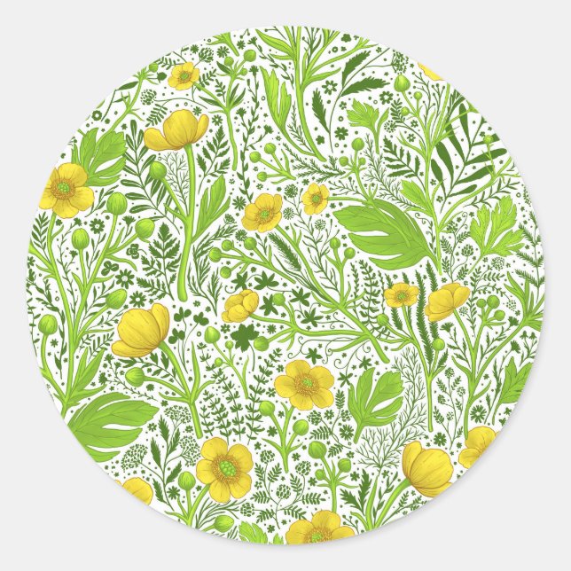 Buttercups on white classic round sticker (Front)