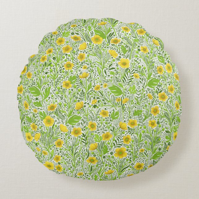 Buttercups on white round pillow (Front)