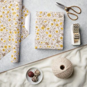 Buttercups, yellow and brown wrapping paper