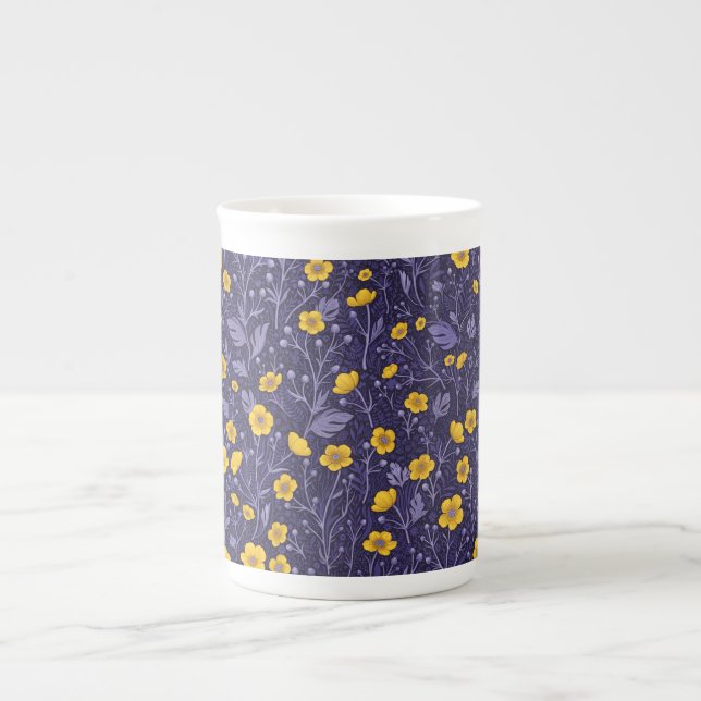 Buttercups, yellow and violet bone china mug (Front)