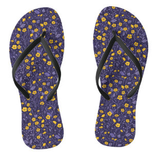 Buttercups, yellow and violet flip flops