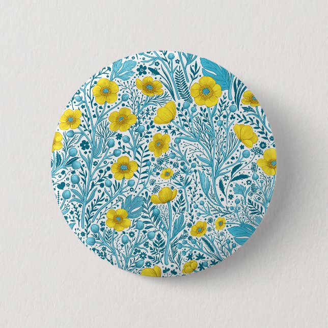 Buttercups, yellow, blue and white 2 inch round button (Front)