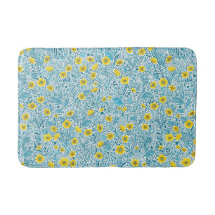 Buttercups, yellow, blue and white bath mat
