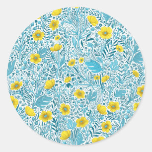Buttercups, yellow, blue and white classic round sticker