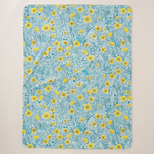 Buttercups, yellow, blue and white sherpa blanket (Front)