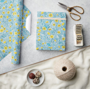 Buttercups, yellow, blue and white wrapping paper