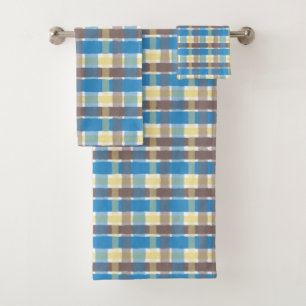 Buttered Popcorn Coffee Brown Sonic Blue Plaid Bath Towel Set