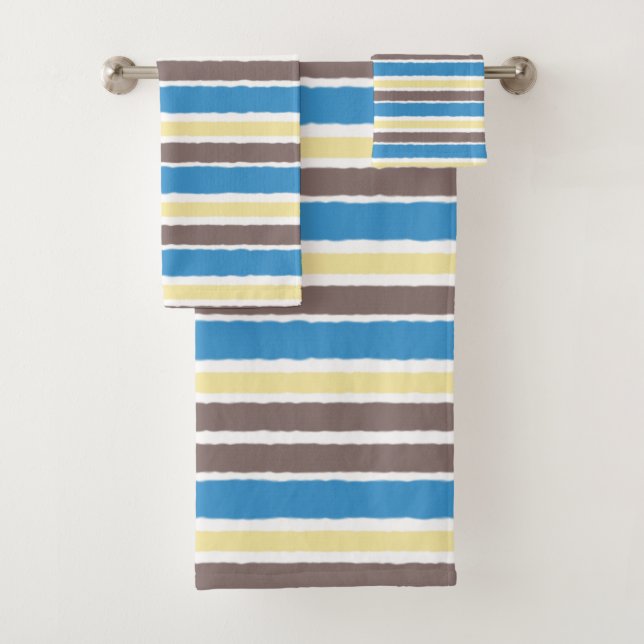 Buttered Popcorn Coffee Brown Sonic Blue Stripes Bath Towel Set (Insitu)