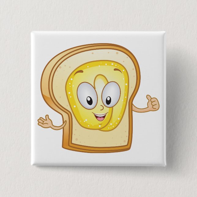 Buttered Toast Cartoon Character Happy Bread 2 Inch Square Button (Front)