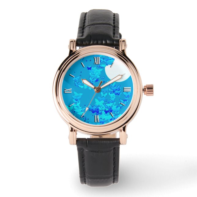 Butterflies against blue night sky, moonscape watch (Front)
