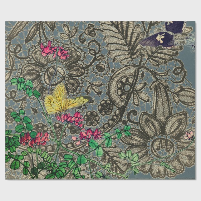 BUTTERFLIES AND ANTIQUE LACE PATTERN GIFT WRAPPING PAPER (Flat)
