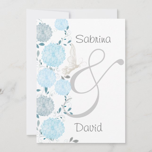 Butterflies and Blue Chrysanthemums Wedding Invitation (Front)