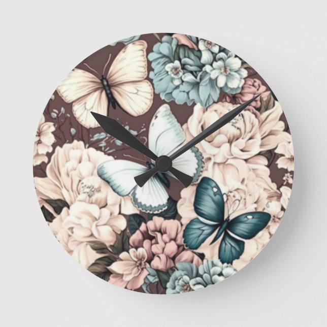 Butterflies and brown flowers round clock (Front)