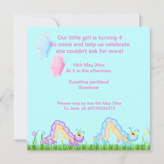Butterflies and caterpillars birthday invites (Front)