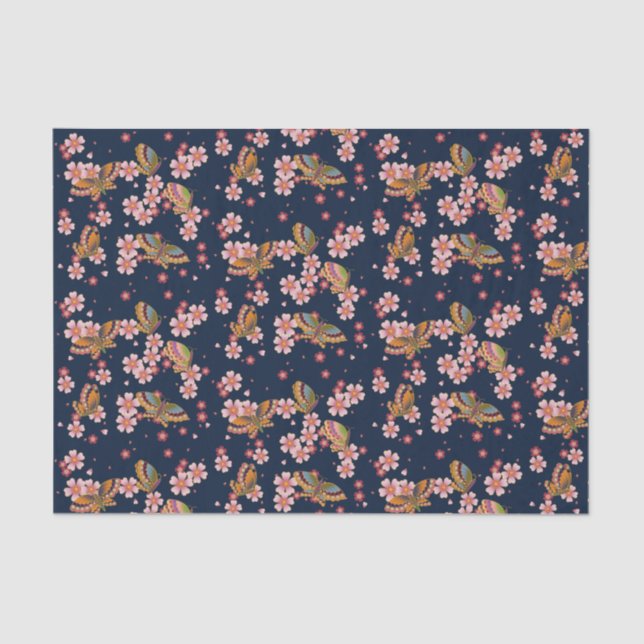 Butterflies and Cherry Blossom Showers Dusky Blue Tissue Paper (Front)