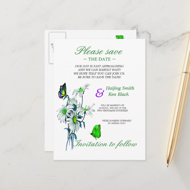 Butterflies And Daisies Green Save The Date Announcement Postcard (Front/Back In Situ)