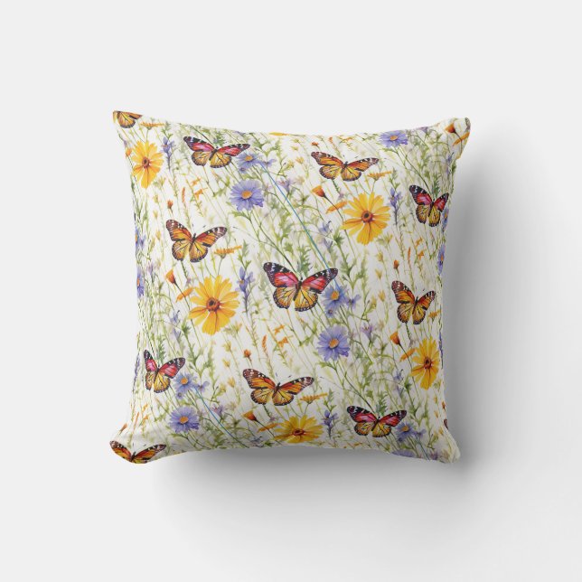Butterflies and Daisies in a Meadow Outdoor Pillow (Front)