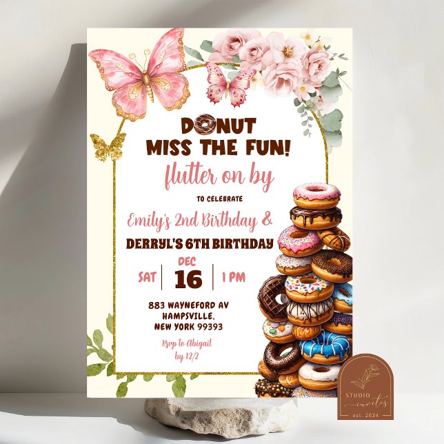 Butterflies and Doughnuts Joint Birthday  Invitation (Creator Uploaded)