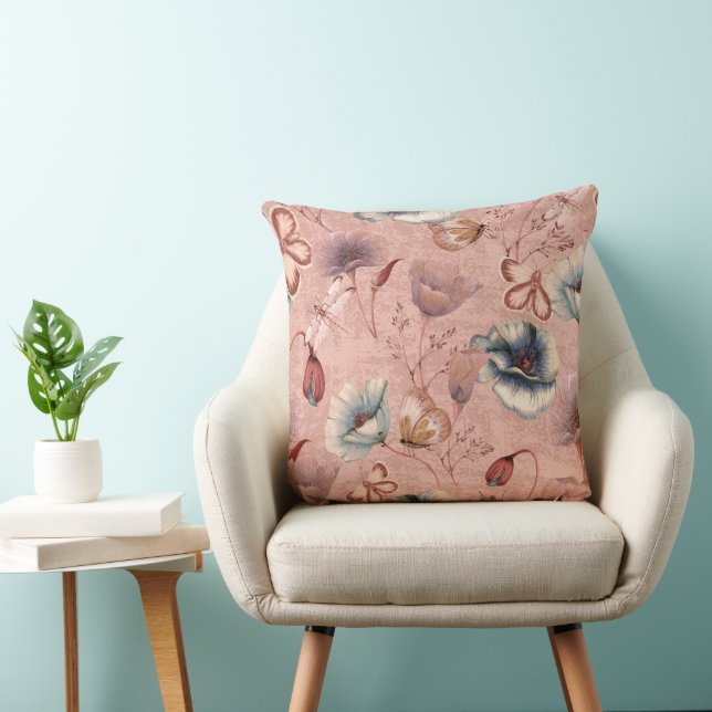 Butterflies and Dragonflies on Poppies  Throw Pillow (Chair)