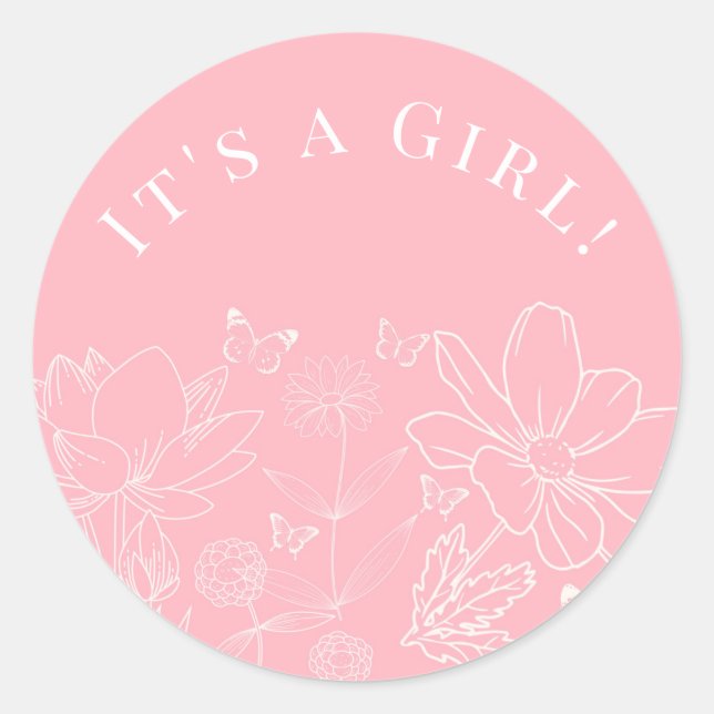Butterflies and Floral Pink White Girl Baby Shower Classic Round Sticker (Front)