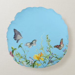 Butterflies and flower blossoms (PINK BKGRD) Round Pillow