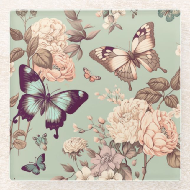Butterflies and flowers ωερυ light green decor  glass coaster (Front)