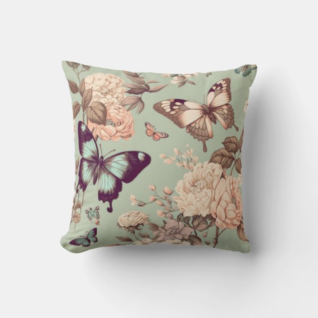 Butterflies and flowers ωερυ light green decor  throw pillow (Front)
