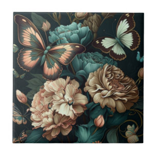 Butterflies and flowers dark classic design tile