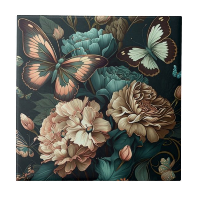 Butterflies and flowers dark classic design tile (Front)