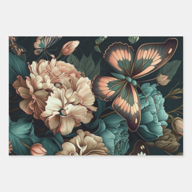 Butterflies and flowers dark classic design wrapping paper sheet (Front)