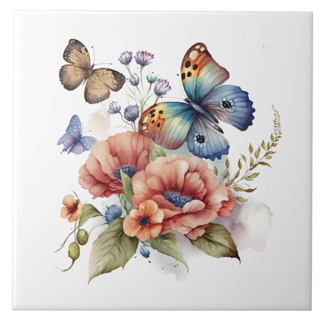 Butterflies and Flowers Greenery  Ceramic Tile (Front)
