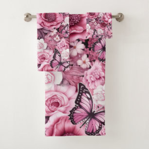 Butterflies and Flowers in varying shades of pinks Bath Towel Set