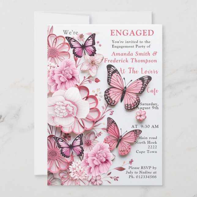 Butterflies and Flowers in varying shades of pinks Invitation (Front)