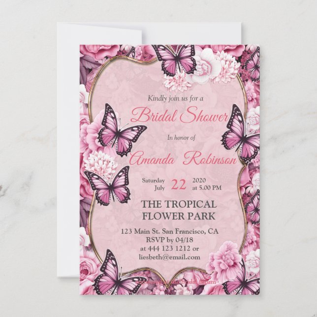 Butterflies and Flowers in varying shades of pinks Invitation (Front)