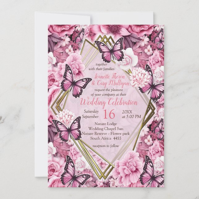 Butterflies and Flowers in varying shades of pinks Invitation (Front)