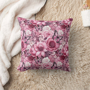 Butterflies and Flowers in varying shades of pinks Throw Pillow
