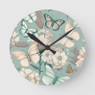 Butterflies and flowers light green decor round clock