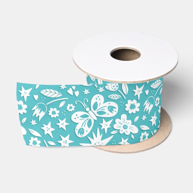Butterflies And Flowers On Aqua Satin Ribbon (Spool)