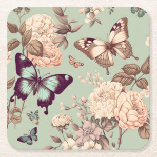 Butterflies and flowers pastel light green square paper coaster