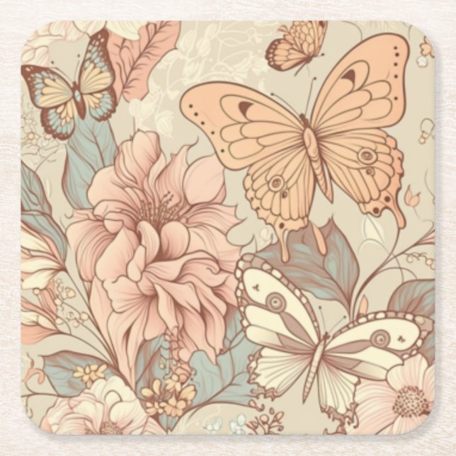 Butterflies and flowers  square paper coaster (Front)