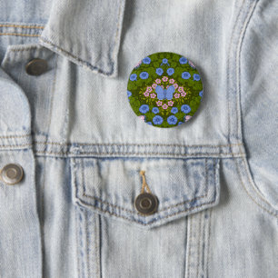 Butterflies and flowers symmetry, blue and pink 2 inch round button