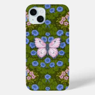 Butterflies and flowers symmetry, blue and pink iPhone 15 mini case
