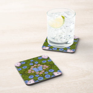 Butterflies and flowers symmetry, blue and pink coaster