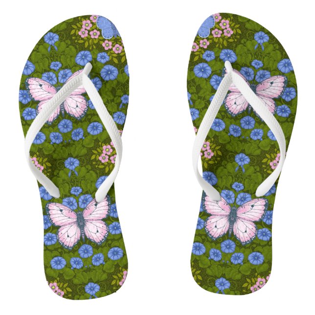 Butterflies and flowers symmetry, blue and pink flip flops (Footbed)