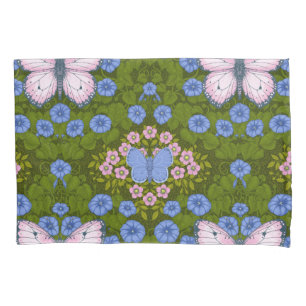 Butterflies and flowers symmetry, blue and pink pillowcase