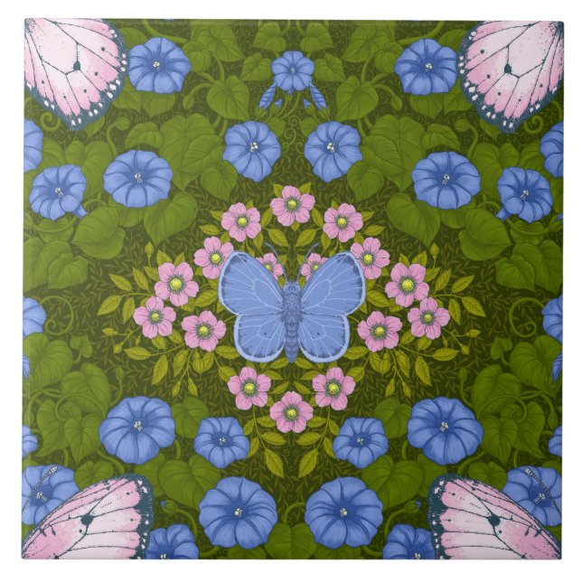 Butterflies and flowers symmetry, blue and pink tile (Front)