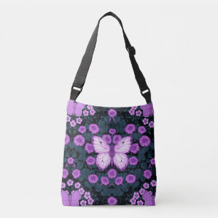 Butterflies and flowers symmetry, violet and blue crossbody bag