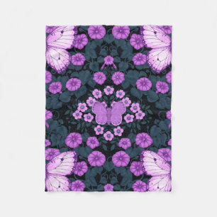Butterflies and flowers symmetry, violet and blue fleece blanket