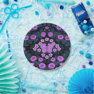 Butterflies and flowers symmetry, violet and blue paper plate